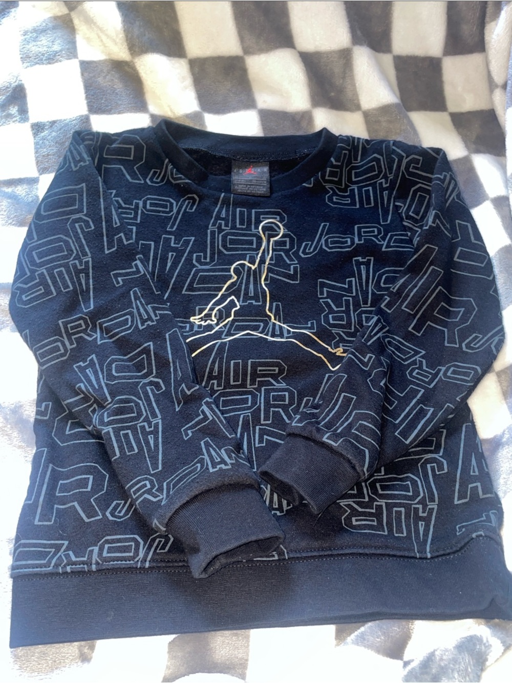 Jordan Black Sweatshirt with Blue Allover AIR Print and Gold Jumpman size 4T